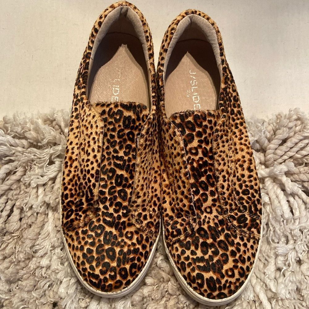 J/Slides Womens Heidi Brown Leopard Print Slip On Calf Hair Sneaker Shoe…